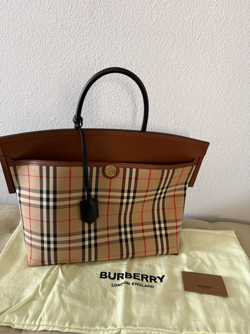Burberry Beige & Black Nova Check Tote with Brown Trim